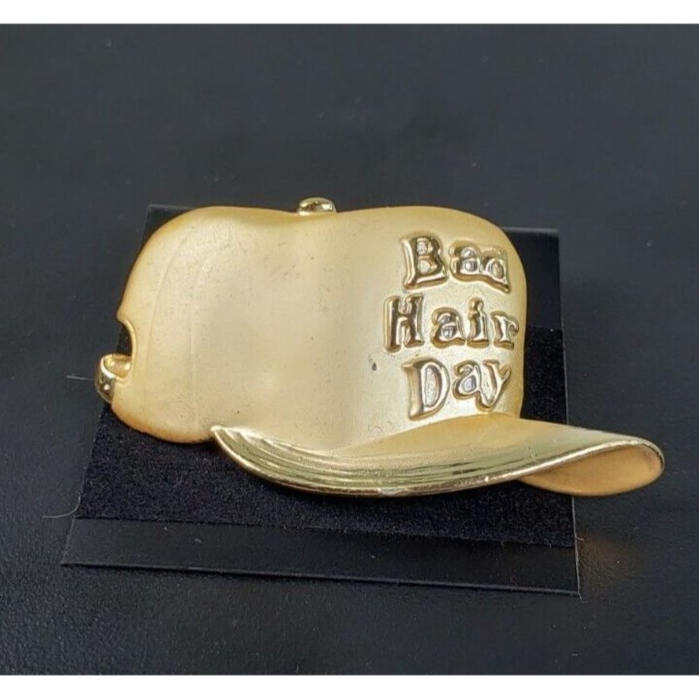 Vintage AJC Bad Hair Day Pin Brooch Gold Tone Baseball Hat Cap Signed 1980s